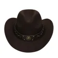 Detail of coffee brown western cowboy hat featuring wool felt texture and rivet leather band - M (56-58cm) / Horshoe Badge Rivet Belt Style / Coffee