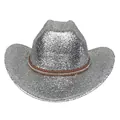 Détail du chapeau de cowboy à paillettes argentées avec bandeau en cuir et rivets - Couronne Plate / Argent