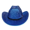 Détail du chapeau de cowboy bleu pailleté avec ruban en cuir noir et texture brillante - Style à Sommet Plat / Bleu royal