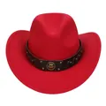 Close-up of red felt cowboy hat featuring black leather band and gold horseshoe emblem - M (56-58cm) / Horshoe Badge Rivet Belt Style / Red