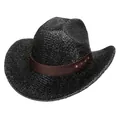 Sombrero vaquero negro de estilo western con textura trenzada y banda de cuero con tachuelas - M (56-58cm) / Estilo Top Plano (2HAT193) / Negro