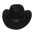 Detailed view of black felt cowboy hat with bronze studded brown faux leather band - M (56-58cm) / Horshoe Badge Rivet Belt Style / Black