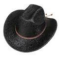 Chapeau de cowboy en paille noire avec large bord et bande décorative marron - Couronne Droite Noir