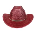 Vue détaillée d'un chapeau de cowboy à paillettes rouges avec bande décorative - Couronne Plate / Rouge pastèque