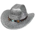 Détail du chapeau de cowboy argenté avec cordon marron et perle de turquoise décorative - Style Plat / Argent