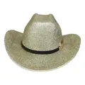 Détail d'un chapeau de cowboy tissé argenté avec ceinture noire et boucle dorée ciselée - Style à Sommet Plat / Bleu foncé
