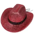Gros plan sur un chapeau de cow-boy rouge à paillettes avec ruban noir tressé - Style à Sommet Plat (Haut à un Mot-E Rouge Pastèque)