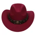 Detail of dark wine red wool fedora with brown leather band and bronze rivets - M (56-58cm) / Horshoe Badge Rivet Belt Style / Burgundy