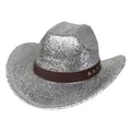 Detalle del sombrero de vaquero con lentejuelas plateadas con tachuelas y tela brillante - M (56-58cm) / Estilo Top Plano (2HAT193) / Plateado