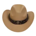Macro detail of the western cowboy hat featuring leather band with rivets and horseshoe badge - M (56-58cm) / Horshoe Badge Rivet Belt Style / Camel
