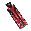 Red Y-back suspenders featuring white lip patterns and i'm a gleek text with metal clips - Lip Print Text Pattern (22)