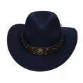 Macro detail of dark blue felt cowboy hat with leather band and gold rivet accents - M (56-58cm) / Horshoe Badge Rivet Belt Style / Navy Blue