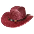 Détail du chapeau de cowboy à paillettes rouges avec bande en similicuir et turquoise - Style Plat / Rouge pastèque