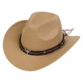 Detail of khaki cowboy hat featuring silver bull head buckle and brown leather fringe - 171e Camel / M (56-58cm)