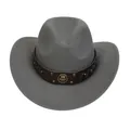 Detail of gray felt cowboy hat featuring leather band with gold studs and vintage emblem - M (56-58cm) / Horshoe Badge Rivet Belt Style / Gray