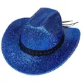 Détail d'un chapeau de cow-boy bleu scintillant avec ruban noir et cordon de serrage - Style à Sommet Plat (Haut à un Mot-F Bleu Royal)