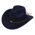 Detail of dark blue felt cowboy hat with leather band and silver bull head charm - 171f Navy Blue / M (56-58cm)