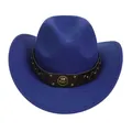 Detail of royal blue felt cowboy hat with leather band and gold horseshoe emblem - M (56-58cm) / Horshoe Badge Rivet Belt Style / Sapphire Blue