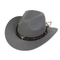 Detailed view of grey wool cowboy hat with decorative bull skull charm and braided cord - 171g Gray / M (56-58cm)