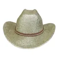 Gros plan détaillé d'un chapeau de cowboy doré à paillettes avec bande en cuir strass - Couronne Plate / Bleu foncé
