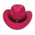 Detail of western cowboy hat in rose red felt with studded leather band and gold badge - M (56-58cm) / Horshoe Badge Rivet Belt Style / Rose Red