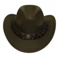 Detail of dark olive western cowboy hat with leather rivet band and horseshoe emblem - M (56-58cm) / Horshoe Badge Rivet Belt Style / Army Green