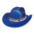 Dettaglio cappello da cowboy blu zaffiro con paillettes, stelle metalliche e laccio in pelle - Parte Superiore Piatta-Blu Reale