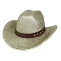 Sombrero vaquero dorado brillante con banda de cuero y remaches para fiestas - M (56-58cm) / Estilo Top Plano (2HAT193) / Champán