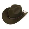 Detail of dark felt cowboy hat featuring metallic bull head emblem and leather strap - 171l Military Green / M (56-58cm)