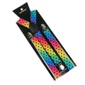 Rainbow polka dot suspenders with silver metal clips on a black display card - Rainbow Polka Dot Pattern (28)
