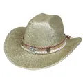 Dettaglio cappello da cowboy dorato con fibbia a stella argento e gemma blu - Parte Superiore Piatta Champagne