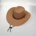 Close-up of brown faux suede cowboy hat showing woven band and adjustable chin strap - M(56-58cm) / Camel