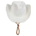 Detail eines weißen Stroh-Cowboyhuts mit Goldpailletten und verstellbarem Kinnband - M(56-58cm) / Weiß