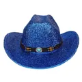 Chapeau de cowboy à paillettes bleu électrique avec bande perlée et accent turquoise - M / Sommet Plat Bleu Royal