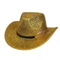 Sparkling gold sequin cowboy hat with black leather band and feather metal ornament - M (56-58cm) / Gold