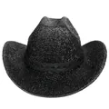 Chapeau de cowboy noir scintillant avec bande décorative pour fêtes et danse - M (56-58cm) / Couronne Plate / Noir