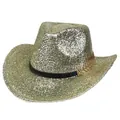 Sparkly gold western cowboy hat with black leather band and metallic feather accent - M (56-58cm) / Champagne