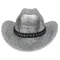 Chapeau de cowboy argenté scintillant avec ruban tressé noir pour soirées et fêtes - M (56-58cm) / Couronne Plate / Argent