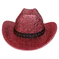 Chapeau de cowboy rouge pailleté avec ruban tressé noir pour soirées disco et événements - M (56-58cm) / Couronne Plate / Rouge pastèque