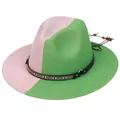 Chapeau fedora en laine bicolore rose et vert avec ceinture ethnique et perles - Vert Fruit et Rose Divisé (155-G)