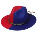 Chapeau fedora style britannique en laine feutrée bicolore rouge et bleu avec ruban - Rouge et Bleu Divisé (155-H)