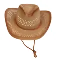 Brown gradient straw cowboy hat with hollow vent holes and adjustable windproof strap - M(56-58cm) / Coffee Gradient