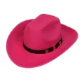 Classic magenta felt cowboy hat with black leather strap and golden metallic ornaments - M (56-58cm) / Gold Square Buckle Style / Rose Red