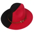 Chapeau fedora bicolore rouge et noir en laine avec bande en cuir et boucle dorée chic - Noir Rouge Divisé (156-A)
