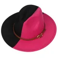 Chapeau Fedora bicolore noir et magenta en feutre avec sangle en cuir et boucle - Noir et Rose Rouge Divisé (156-B)
