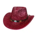 Chapeau de cowboy rose rouge scintillant avec paillettes et bandeau en cuir à perles - Style Régulier / Rose rouge