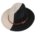 Chapeau fedora style britannique en laine noir et blanc avec sangle en cuir marron - Noir et Beige Divisé (156-C)
