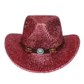 Chapeau de cowboy rose métallisé avec bandeau en similicuir brun et perle turquoise - M / Rouge pastèque