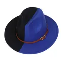 Chapeau Jazz bicolore noir et bleu roi en feutre de laine avec ceinture en cuir élégante - Noir et Bleu Divisé (156-F)