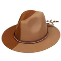 Two-tone brown and beige fedora hat with rhinestone band and wooden beads detail - M (56-58cm) / Khaki & Camel